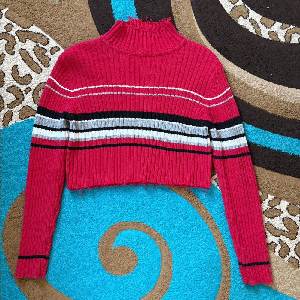 Red Striped Ribbed Cropped Sweater